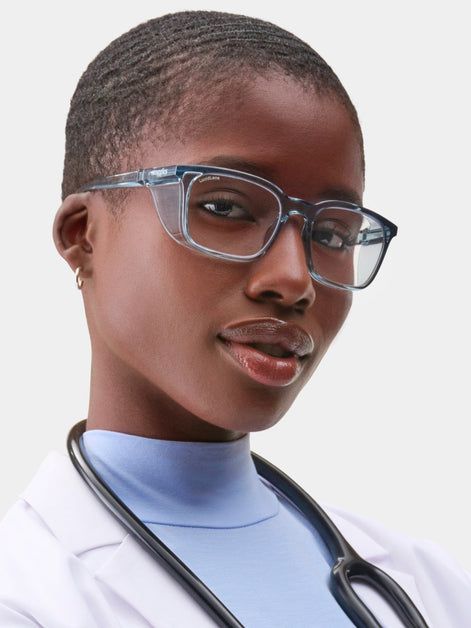 Picture of a doctor wearing Stoggles’ Rectangle Safety Glasses.