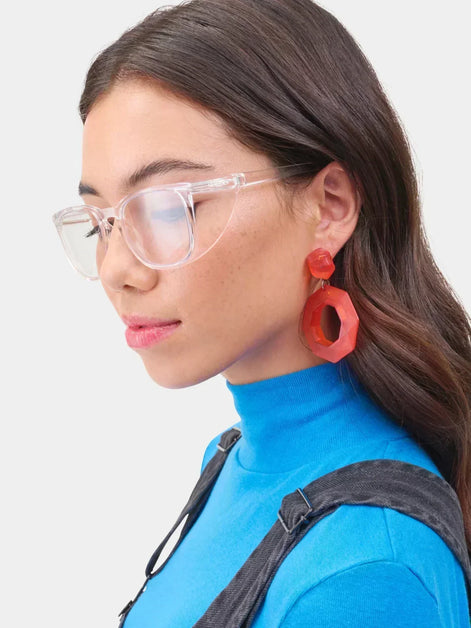 Close-up of Stoggles safety glasses worn on a person’s face.