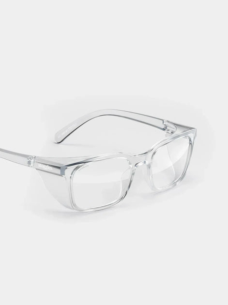 Stoggles Square clear glasses shown in side profile.