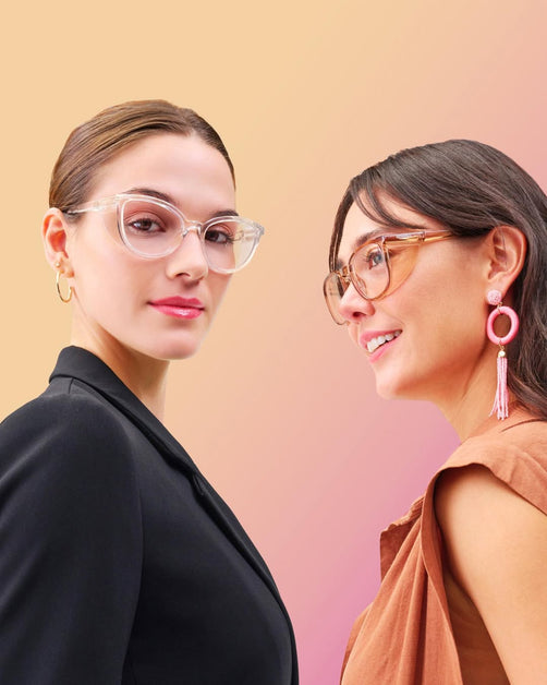 Two women with long face shapes wearing stylish Stoggles glasses, smiling and standing side by side.