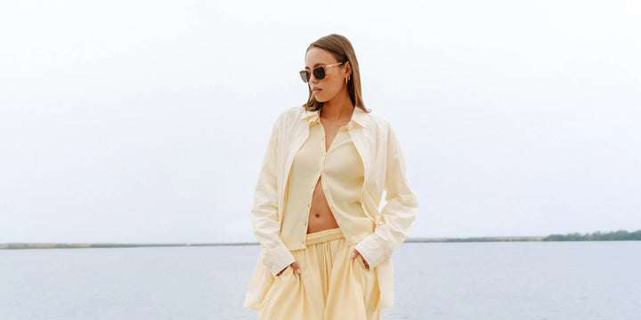 Female model wearing Stoggles at the lake