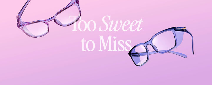 2 pairs of Stoggles on a pink background with text that says "Too Sweet to Miss"