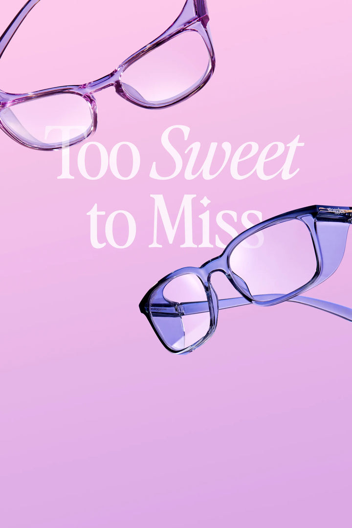 2 pairs of Stoggles on a pink background with text that says "Too Sweet to Miss"