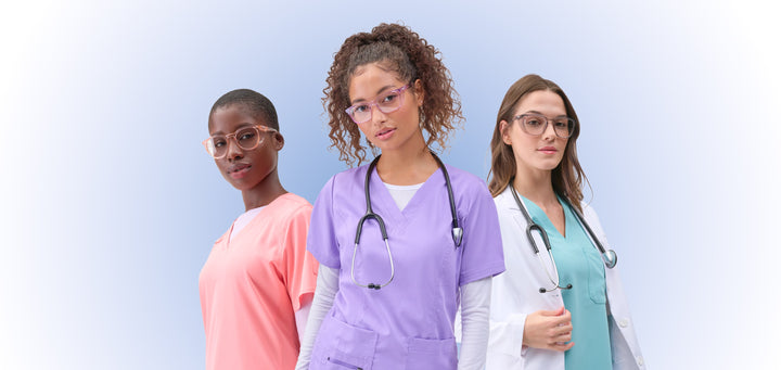 Three nurses staring at camera while wearing Stoggles