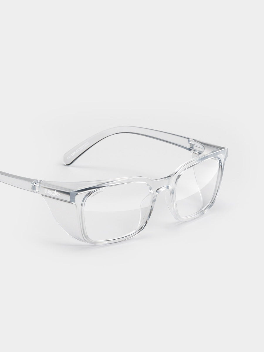 Stoggles Rectangle prescription safety glasses with ANSI-certified impact protection and a modern rectangular frame design.