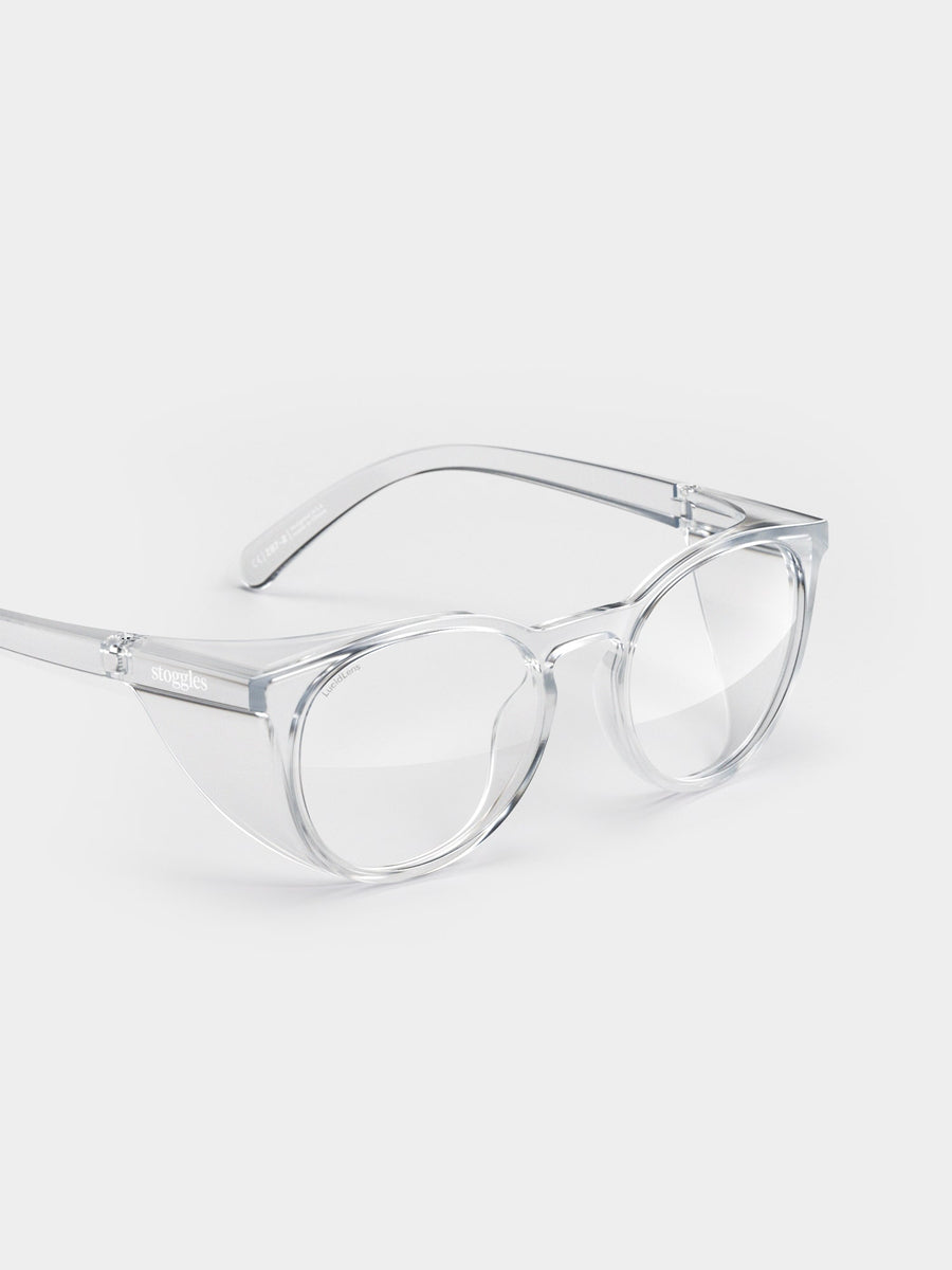 Round Stoggles protective eyewear featuring a classic circular frame design with anti-fog lenses and side shields for everyday eye protection.