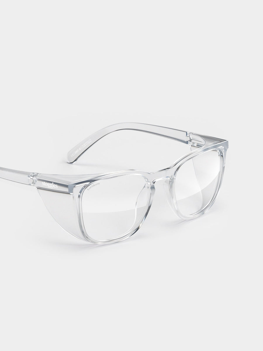 Person wearing Stoggles Square safety glasses designed with impact-resistant, anti-fog lenses for everyday protection.